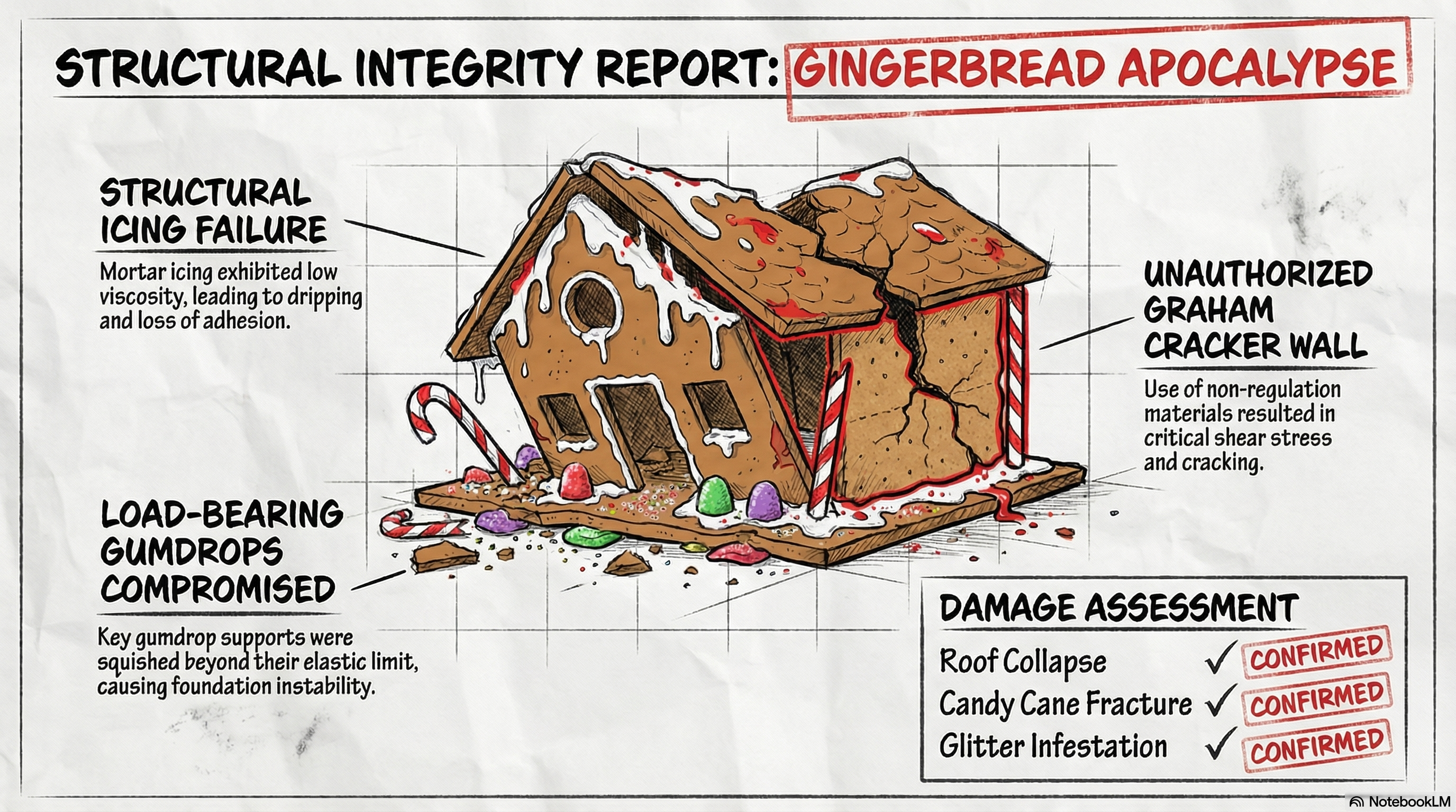 Gingerbread Apocalypse development illustration: a collapsed cookie house with load-bearing gumdrops and structural icing failure