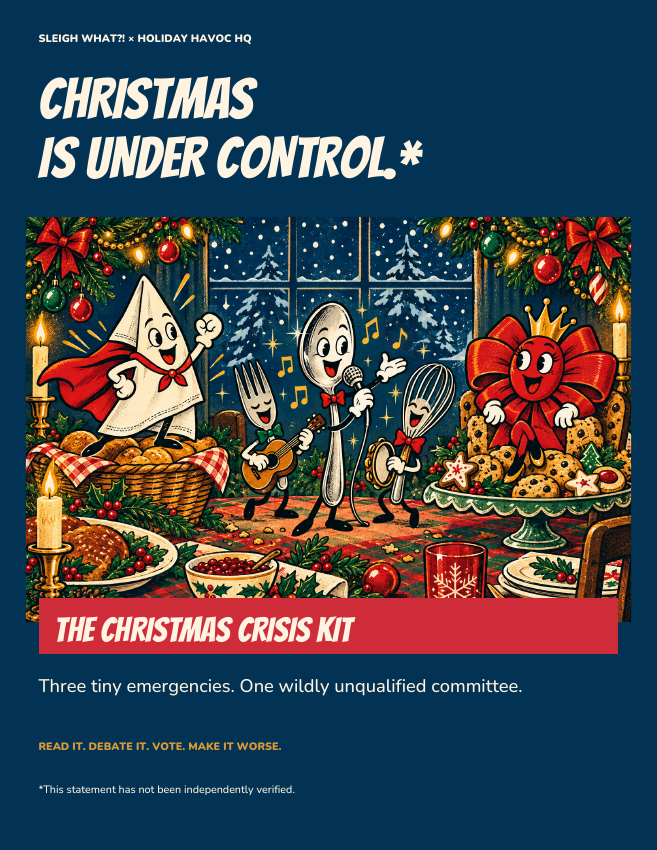 Christmas Is Under Control: the illustrated Christmas Crisis Kit, starring a caped napkin, singing spoon and crowned gift bow