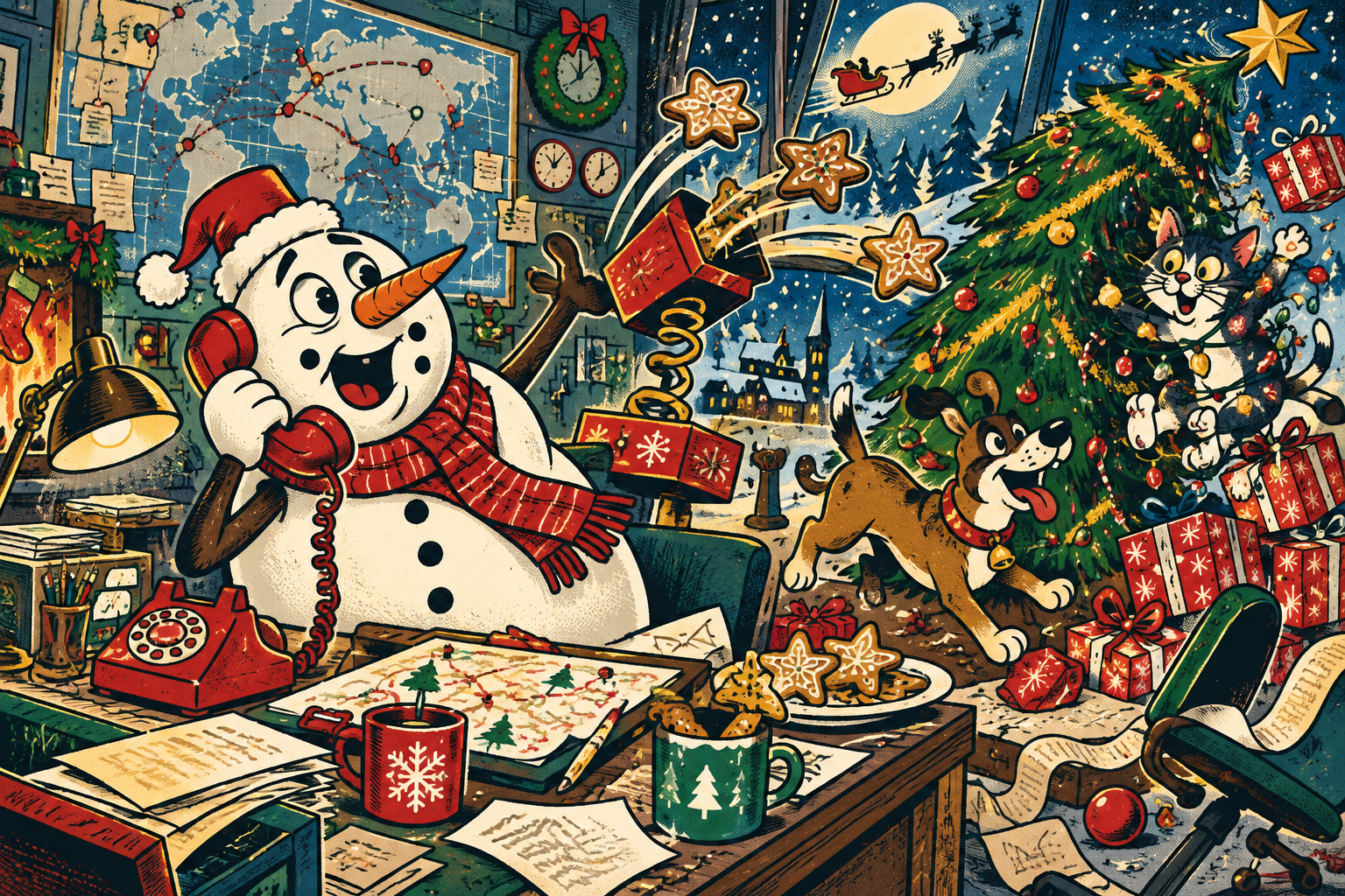 Snowman dispatcher answers a red emergency telephone amid festive mayhem